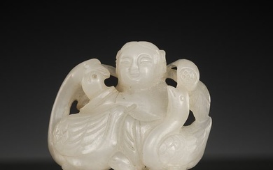 A WHITE JADE CARVING OF A BOY WITH GEESE, CHINA, c. 1750-1850