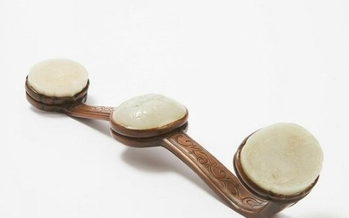 A White Jade-Inset Wood Ruyi Sceptre, Qing Dynasty