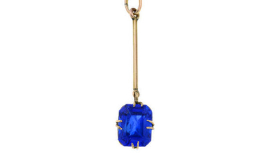 A blue paste and diamond three-stone ring and a blue paste pendant, with chain.