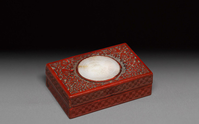 A cinnabar lacquer rectangular box mounted with a jade plaque