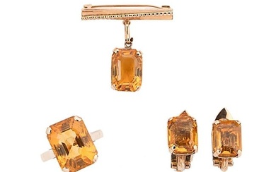 A citrine ring, brooch and a pair of ear clips