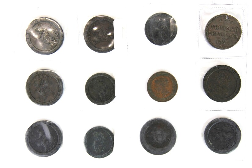 A collection of mixed cartwheel pennies and similar coins including Russian one ruble 1843.