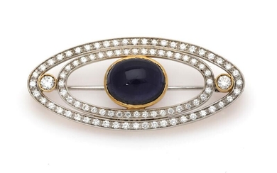 NOT SOLD. A diamond brooch set with a blue stone encircled by numerous diamonds weighing a total of app. 1.20 ct., mounted in 18k gold. L. app. 4.5 cm. – Bruun Rasmussen Auctioneers of Fine Art