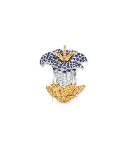A diamond, sapphire and yellow sapphire flower brooch