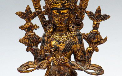 A gilt bronze and red painted Chinese deity figure (H:31cm)...