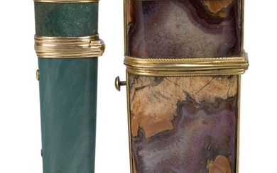 A gilt-mounted agate etui, probably English, third quarter 18th century, of typical tapering form, the fitted interior including tweezers/nail file, pick, spoon, scissors and measure, 9cm high; together with a gold-mounted green hardstone etui...