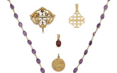 A group of jewellery comprising: an amethyst necklace, clasp stamped 375, composed of a single row of oval amethysts in collet setting, approx. length 46cm; a seed pearl and red gem openwork brooch, unmarked, approx. width 3.6cm; a cross pendant...