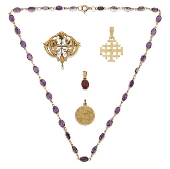 A group of jewellery comprising: an amethyst necklace, clasp stamped 375, composed of a single row of oval amethysts in collet setting, approx. length 46cm; a seed pearl and red gem openwork brooch, unmarked, approx. width 3.6cm; a cross pendant...