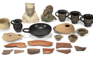 A group of terracotta items including Xenon ware cups, African red slipware...
