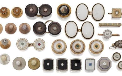 A group of various diamond and gem-set dress studs, dress buttons and a pair of Victorian gold and enamel cufflinks, the cufflinks designed as champlevé white enamel domed panels with blue enamel trim to chain-link connections, stamped 18ct; three...