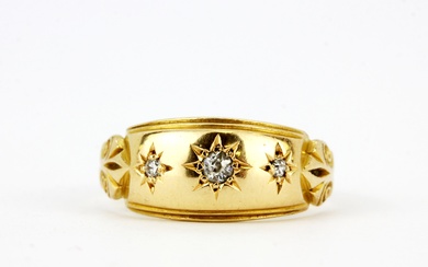 A hallmarked 18ct yellow gold diamond set ring, (L).