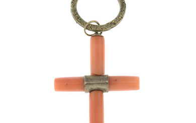 A late 19th century coral cross pendant, suspended from a split ring.