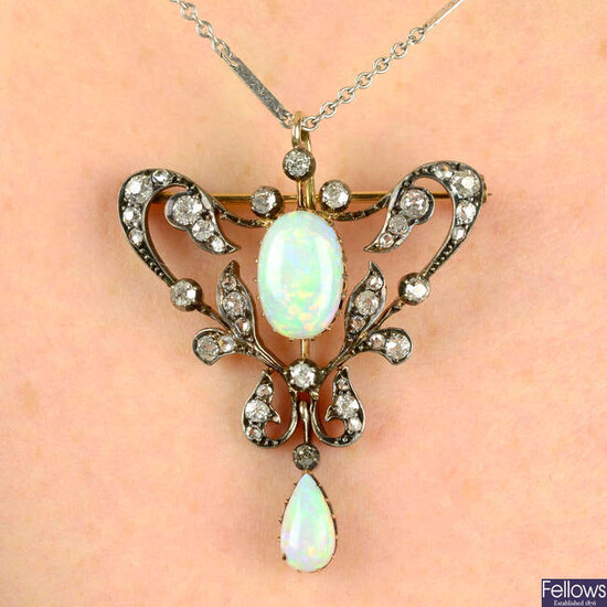 A late 19th century silver and gold, opal, old and rose-cut diamond pendant, with later chain.
