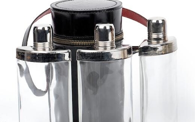 A leather-cased travelling set of three sprits flasks