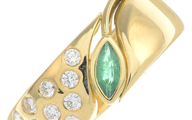 A marquise-shape emerald and brilliant-cut diamond floral band ring.