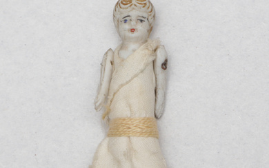 A miniature doll with porcelain head, 19th century.