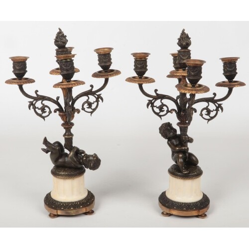 A pair of 19th century French parcel gilt bronze and marble ...