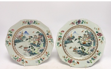 A pair of Chinese porcelain famille rose octagonal plates, Q...