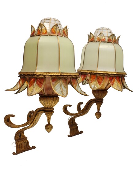 A pair of French gilt wrought-iron and coloured glass wall lights