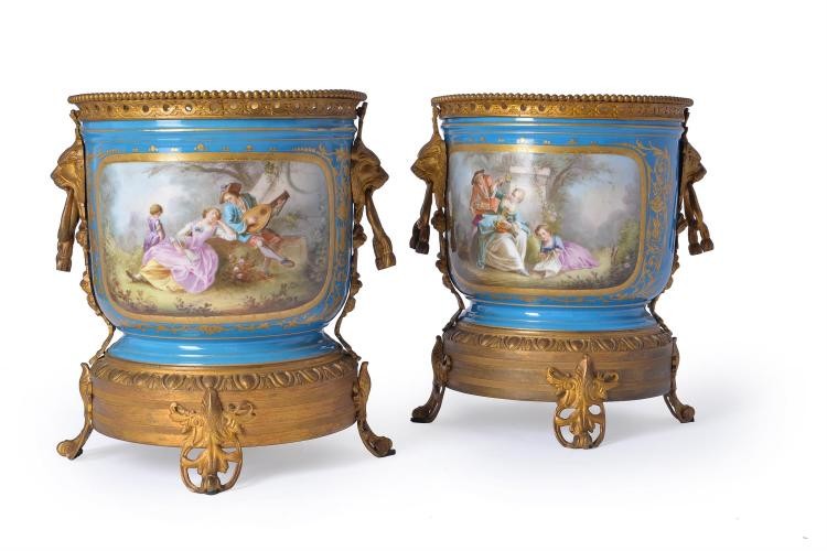 A pair of Paris porcelain and gilt metal mounted jardinieres, late 19th century