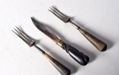 A pair of Rhino horn handled forks together with a small horn knife. 16.5cm (3).