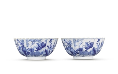 A pair of blue and white lobed bowls, Qing dynasty, Kangxi period | 清康熙 青花花鳥瑞獸紋花式盌一對, A pair of blue and white lobed bowls, Qing dynasty, Kangxi period | 清康熙 青花花鳥瑞獸紋花式盌一對