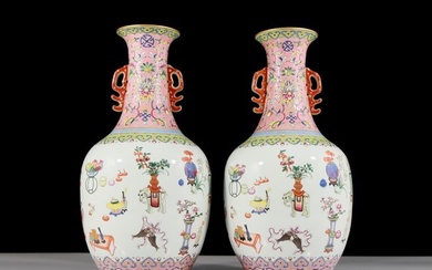 A pair of exquisite famille-rose floral amphoras