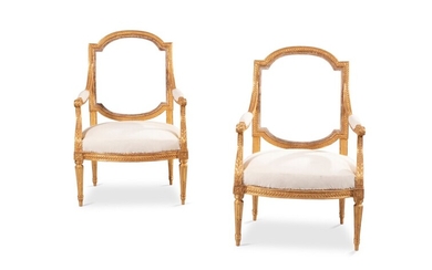 A pair of giltwood armchairs, one signed by Philippe-Joseph Pluvinet , circa 1780 (regilt) | Paire de fauteuils en bois redoré, d'époque Louis XV, un signé par Philippe-Joseph Pluvinet, vers 1780