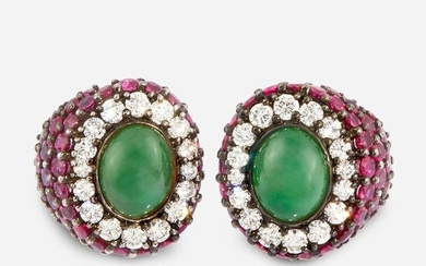 A pair of jadeite jade, ruby, diamond, and eighteen