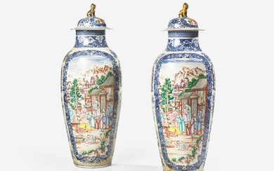 A pair of large and finely painted Chinese Export porcelain Famille Rose covered vases, 18th century