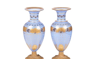 A pair of late 19th century French blue opaline glass and or...