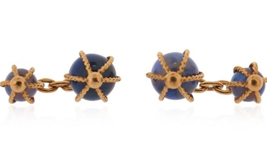 A pair of opal bead-mounted gold cufflinks, each opal bead...