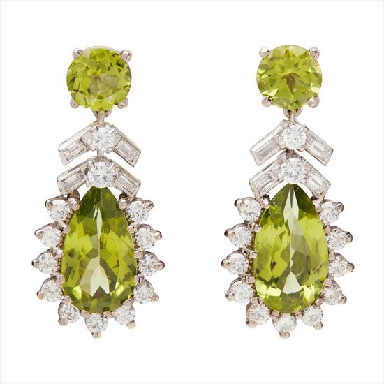 A pair of peridot and diamond cluster earrings