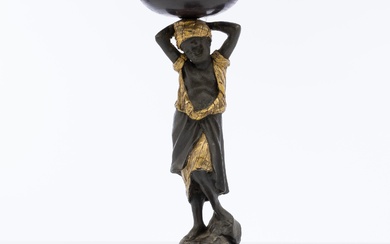 A parti gilt bronze figure in the Bergman manner of an African youth holding aloft a large bowl, raised on a square rouge marble base H: 27.5cm