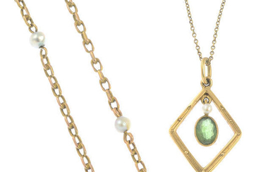 A peridot and seed pearl necklace together with a chain with pearl accents.