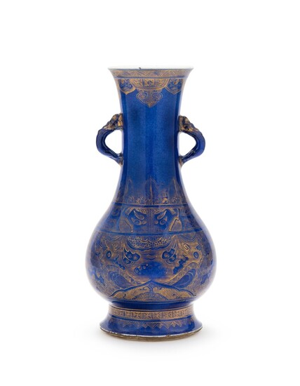 A powder-blue ground gilt-decorated handled vase Qing dynasty, 18th-19th century | 清十八至十九世紀 灑南地描金仿古紋雙耳瓶