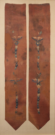 A rare pair of red-ground and gold foil embroidered silk 'phoenix' banners
