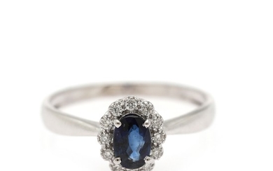 A ring set with an oval-cut sapphire weighing app. 0.62 ct. encircled by numerous diamonds weighing app. 0.11 ct., mounted in 18k white gold. Size 54.