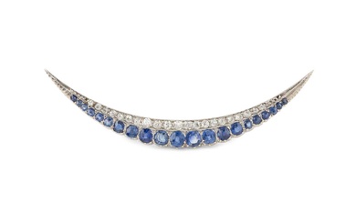 A sapphire and diamond crescent brooch, set with a line...