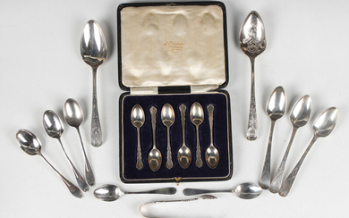 A set of six George V silver coffee spoons, London 1918, cased, and a small collection of silver cut
