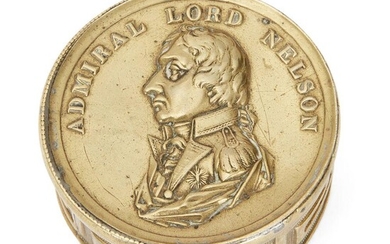 A stamped brass pill box, circa 1806, the detachable lid with Nelson's portrait headed ADMIRAL LORD NELSON, the base with oak wreath and stamped Conqueror at Aboukir 1 Augt 1798, Copenhagen 2 April 1801, Trafalgar 21 Octr 1805, where he gloriously...