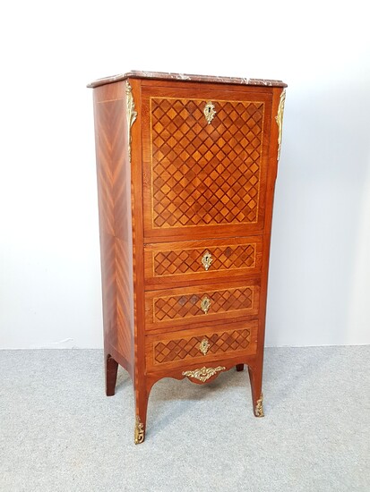A straight veneer chest of drawers with diamond inlaid decoration...