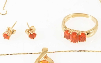 A suite of Mexican fire opal jewellery, ring, pendant and pair of earstuds.