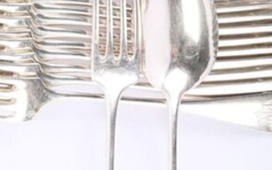 A suite of twelve flat silver flatware with the handle decorated with the number "M.L.".