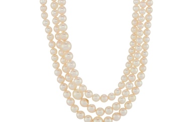 A three-row cultured pearl necklace, with 18ct gold push-pie...