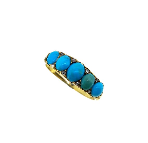 A turquoise and diamond carved half hoop ring