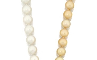A two-colour South Sea cultured pearl and diamond two row choker necklace, composed of one row of slightly graduated white cultured pearls, diameters ranging from 12.2mm to 14.5mm, the second row of light bronze colour, diameters ranging from...