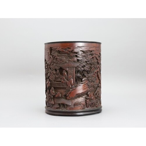 A well carved Bamboo 'Landscape' Brushpot, signed.A well car...
