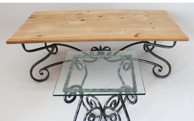 A wrought iron and waxed coffee table - the moulded, rectang...
