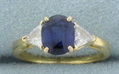 AAA Sapphire and Trillion Diamond Ring in 18k Yellow Gold